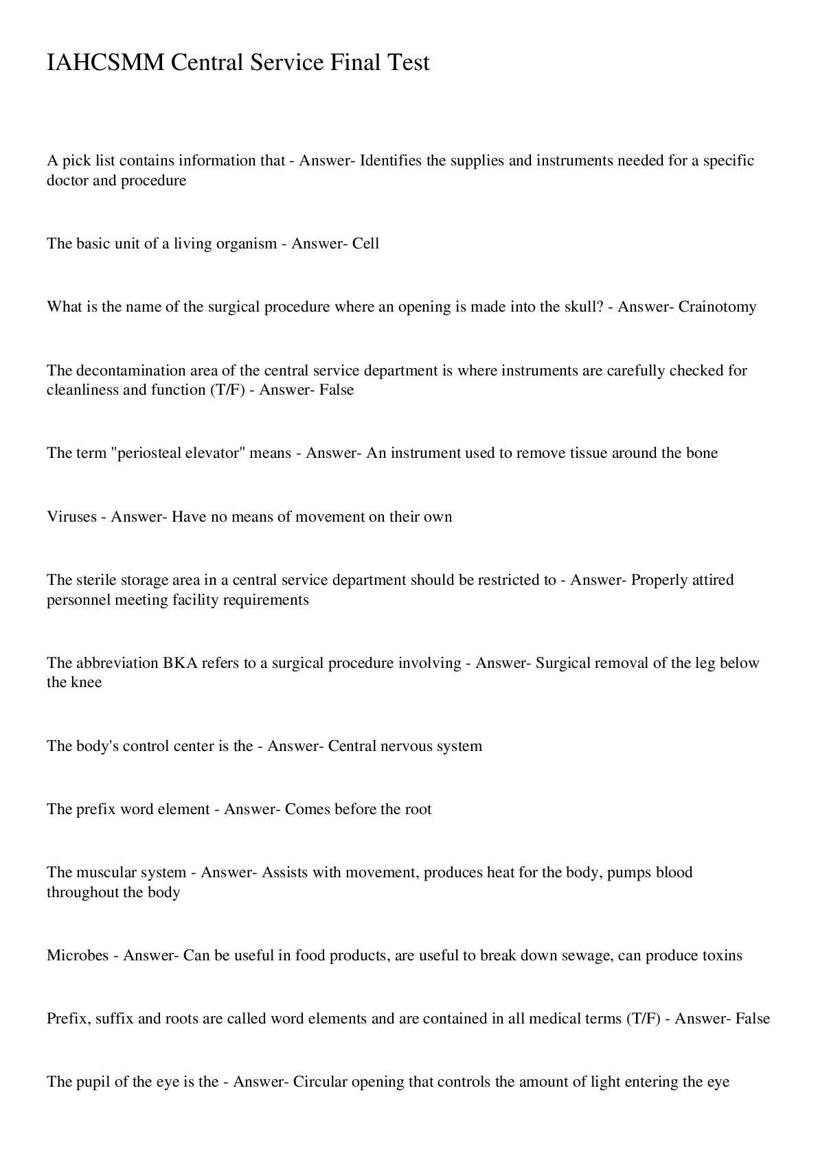 Preview image for IAHCSMM Central Service Final Test Graded A+